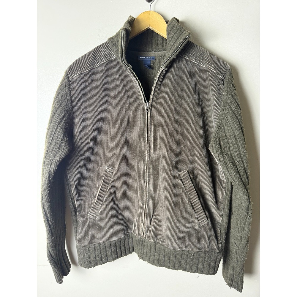 H&M Sweater Mens L Green Lambswool Full Zip Mock Neck LOGG Raglan Classic